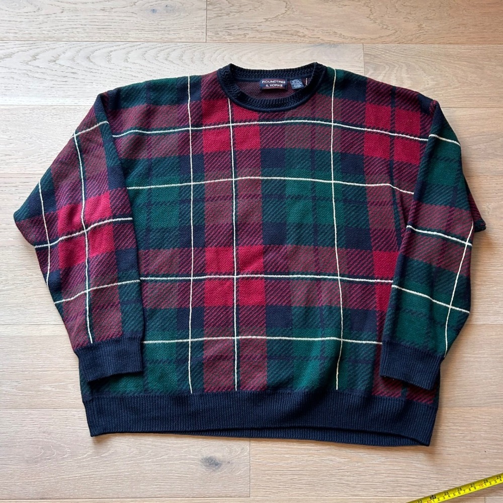 Vintage Cottage Mens 2XLT Plaid Crewneck Sweater Ramie Cotton Navy Green Red